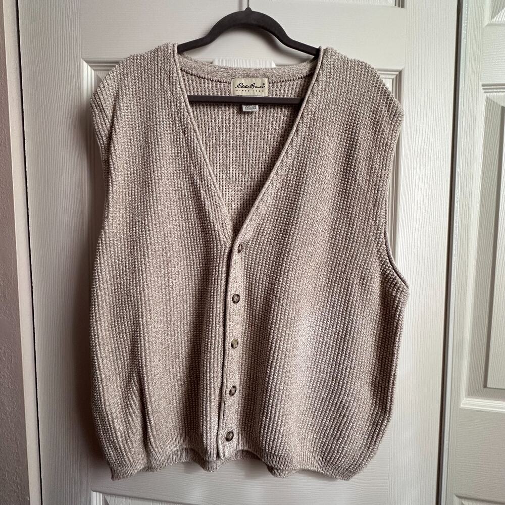 VTG 90s Eddie Bauer Chunky Sweater Vest Mens LG Beige Button-Front Grandpa Core